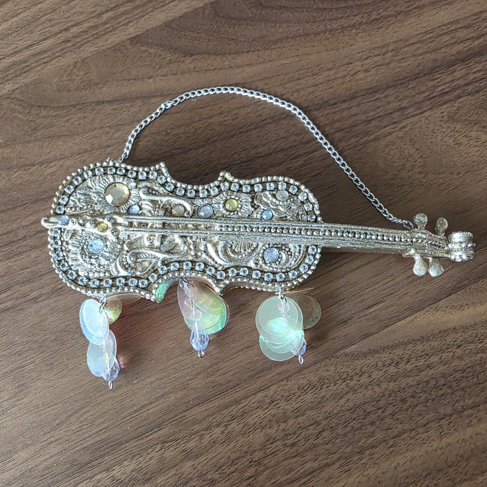 Vintage Large 6.75" Gold Jeweled Violin Christmas Tree‎ Ornament Wall Decor
